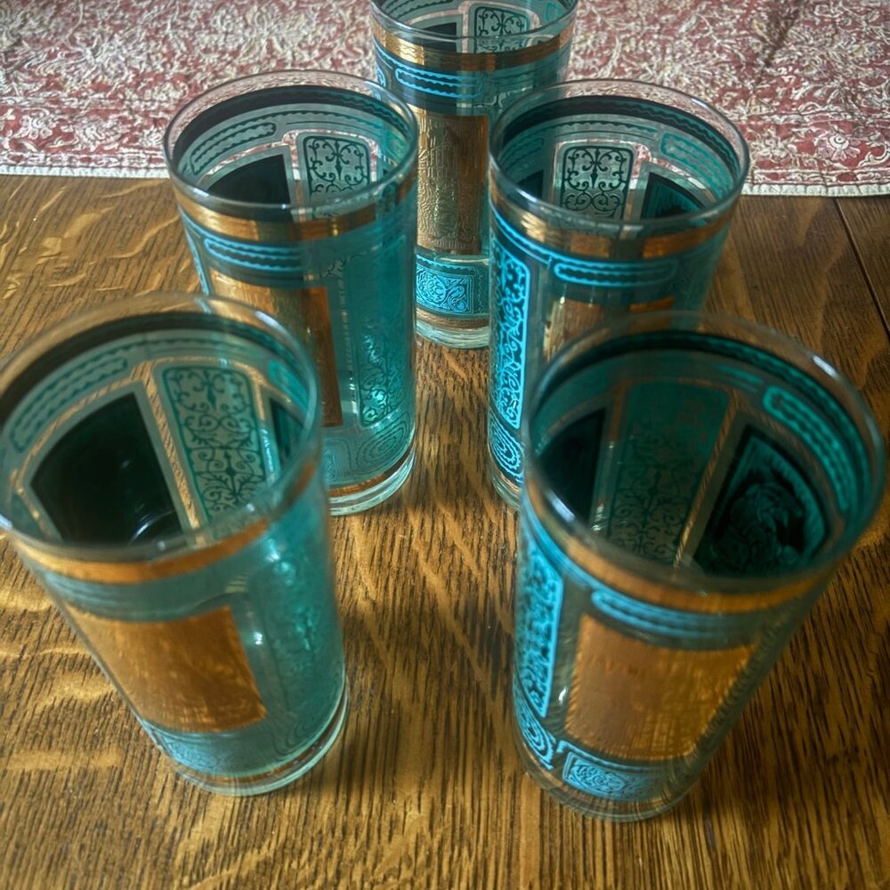 Set of 5 Mid-Century 22K Gold & Turquoise Aztec Tumblers - Picture 2 of 5